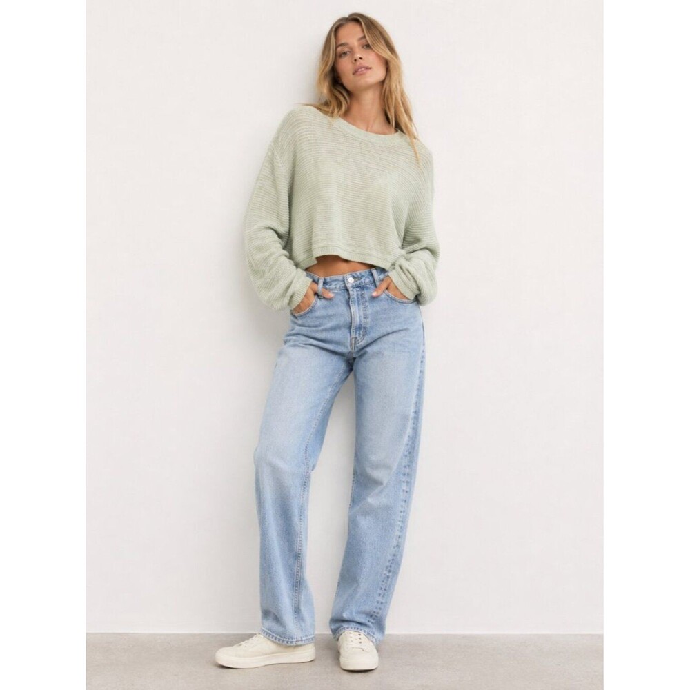 Cotton On 100% Cotton Cropped Sweater Light Green Knit Pullover Size L